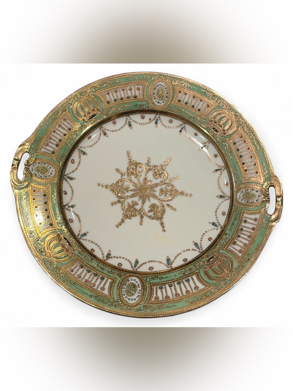 Antique Nippon Hand Painted Moriage Porcelain Handled Serving Plate Tray Dish